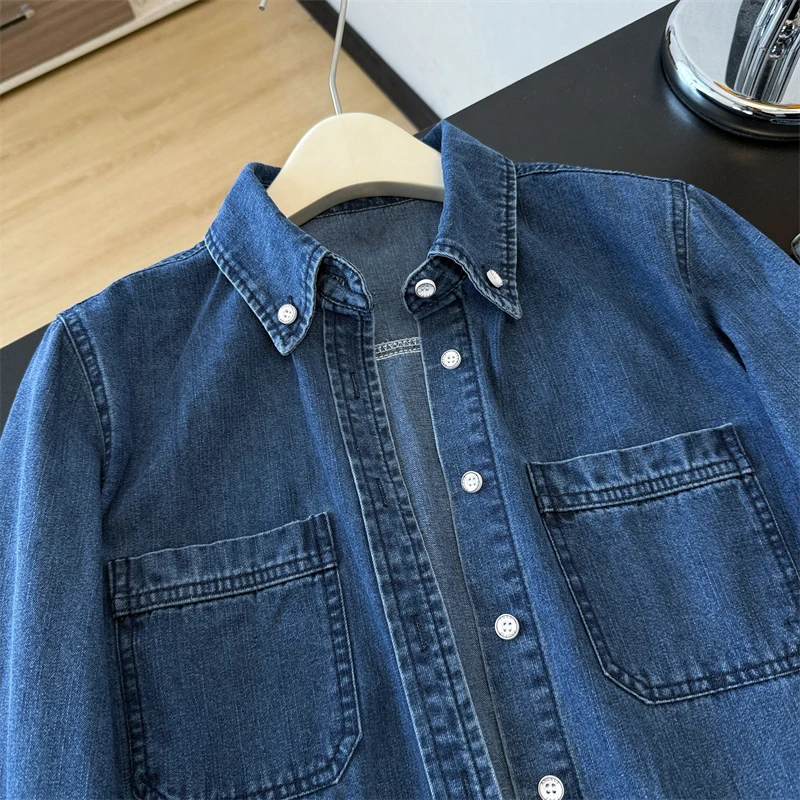 

Весенне-осенняя новая женская винтажная синяя джинсовая рубашка, куртка с лацканами, однобортная свободная повседневная женская джинсовая куртка с длинными рукавами, пальто