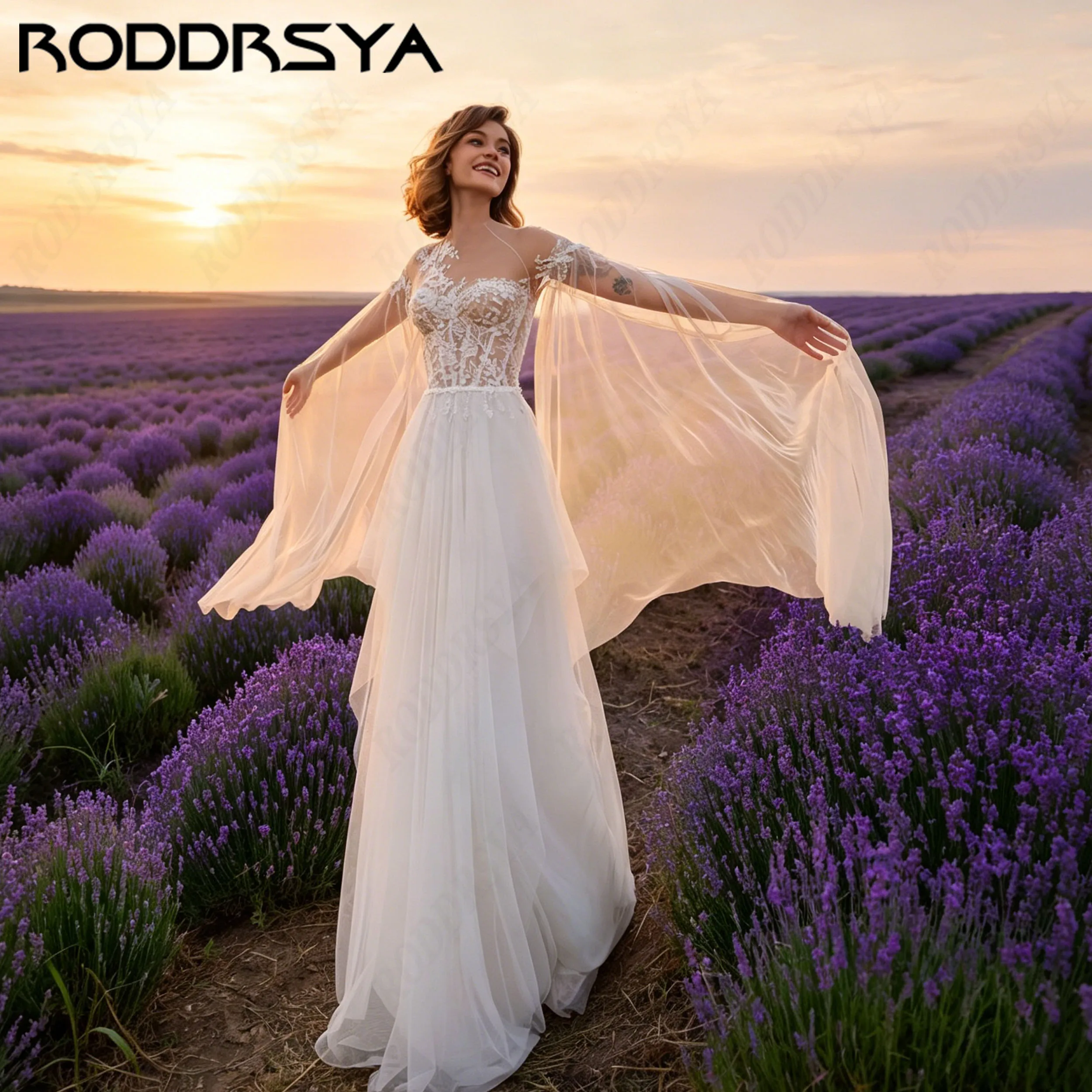 RODDRSYA Illusion O-Neck Flare Sleeve Wedding Dress Lace Appliques A-Line Bridal Dresses Beach Tulle robe de mariée Personalized