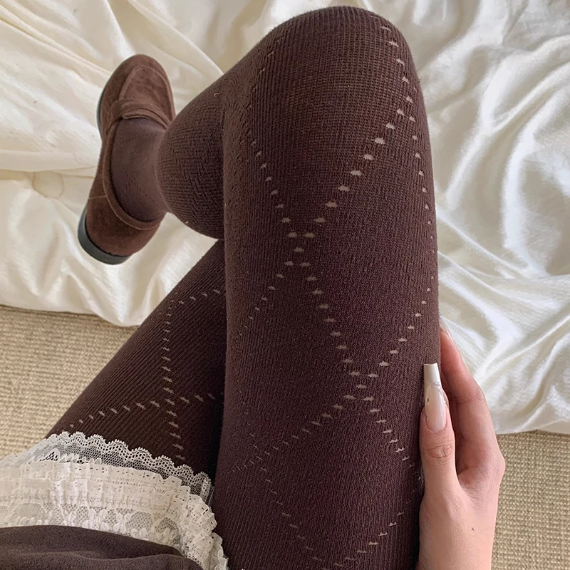 Autumn Winter Jacquard Knitted Striped Tights for Women Vintage Thermal Light Slimming Simple Pantyhose Underwear Leggings