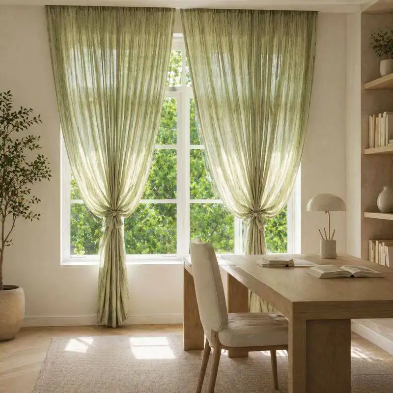 Green Cotton-Linen Sheer Curtains Rustic Forest Striped Sheer Curtain for Living Room Bedroom Hotel Home Decoration Window Drape