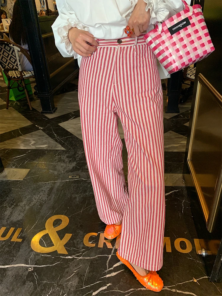 

Summer Thin Wide Leg Pants Women's Loose Fit Striped Casual Trousers High Waist Long Pants Pink Color Slimming Effect