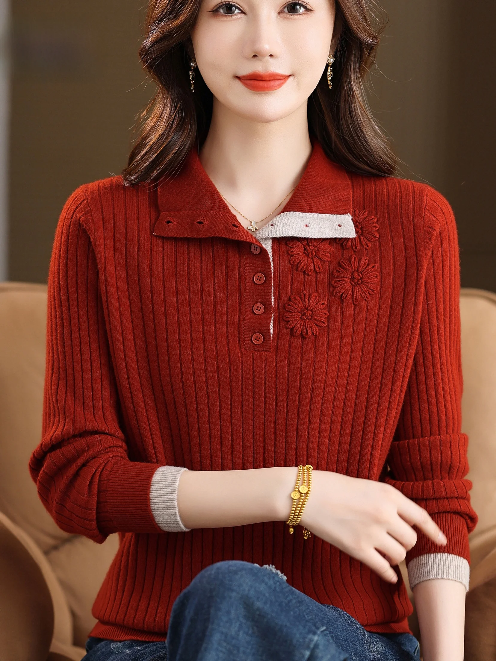 

Ele Embroidered Full Wool Sweater Stand Collar Versatile Age-Defng Women's Faion Autumn Winter Mommy Sle Comfortable