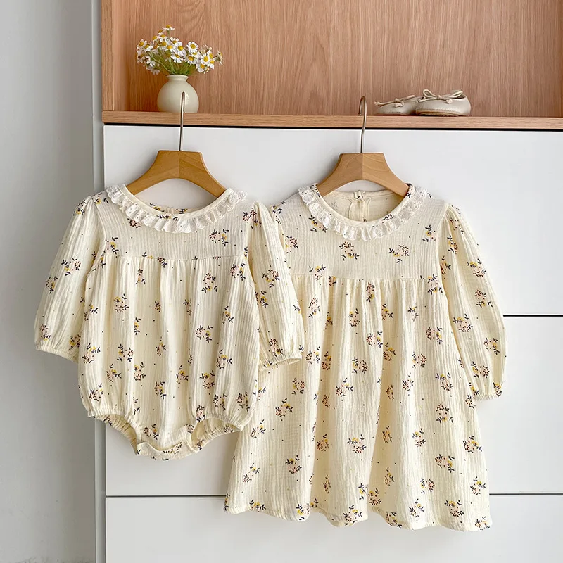 2025 New Girls Dress Floral Lace Collar Baby Princess Outfit Spring Autumn Cotton Romper 0-24 Months Infant Clothes Ruffles