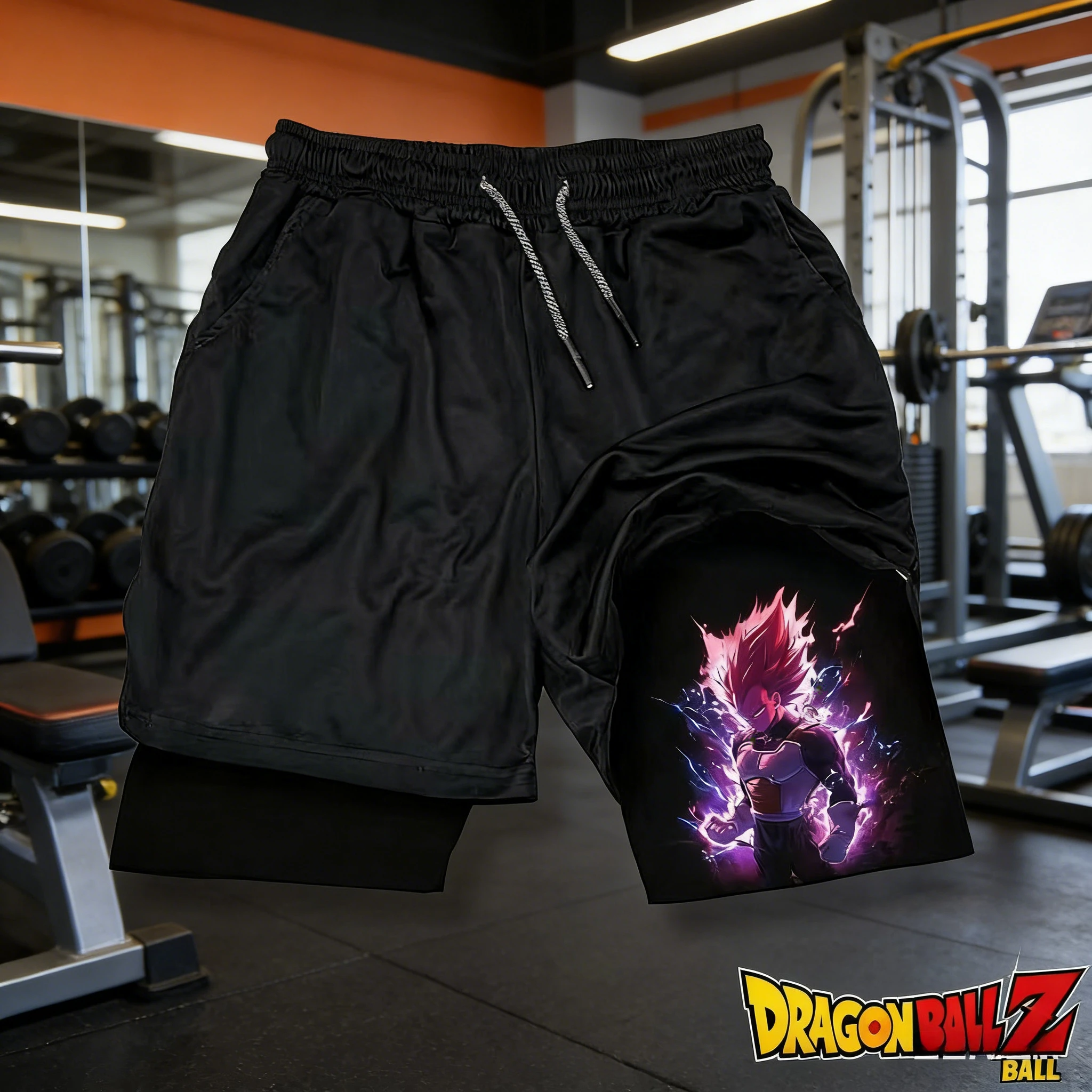 

2026 Summer Dragon Ball Super Saiyan God Vegeta 3D Print Double Layer Shorts - Quick Dry Plus Size Men's Fitness Workout Shorts