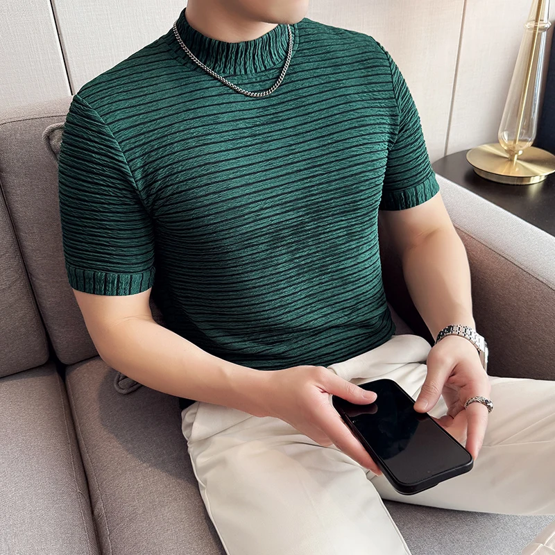 High Quality Striped T-shirt for Men Short Sleeve Slim Fit T Shirt Half High Neck Casual Morning Versatile Tee Top Men Clothing