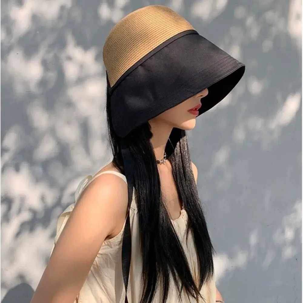 

Foldable Shade Sun Caps Foldable Bucket Hat Weave Stripe Sunscreen Bucket Hat Wide Brim Summer Straw Hat Travel