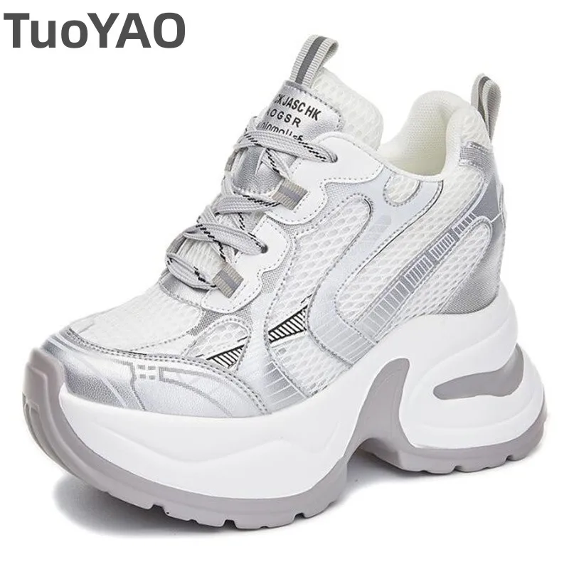 12cm Synthetic Air Mesh Genuine Leather Vulcanize Chunky Sneakers Summer Autumn Leisure Spring Women Platform Wedge Pumps