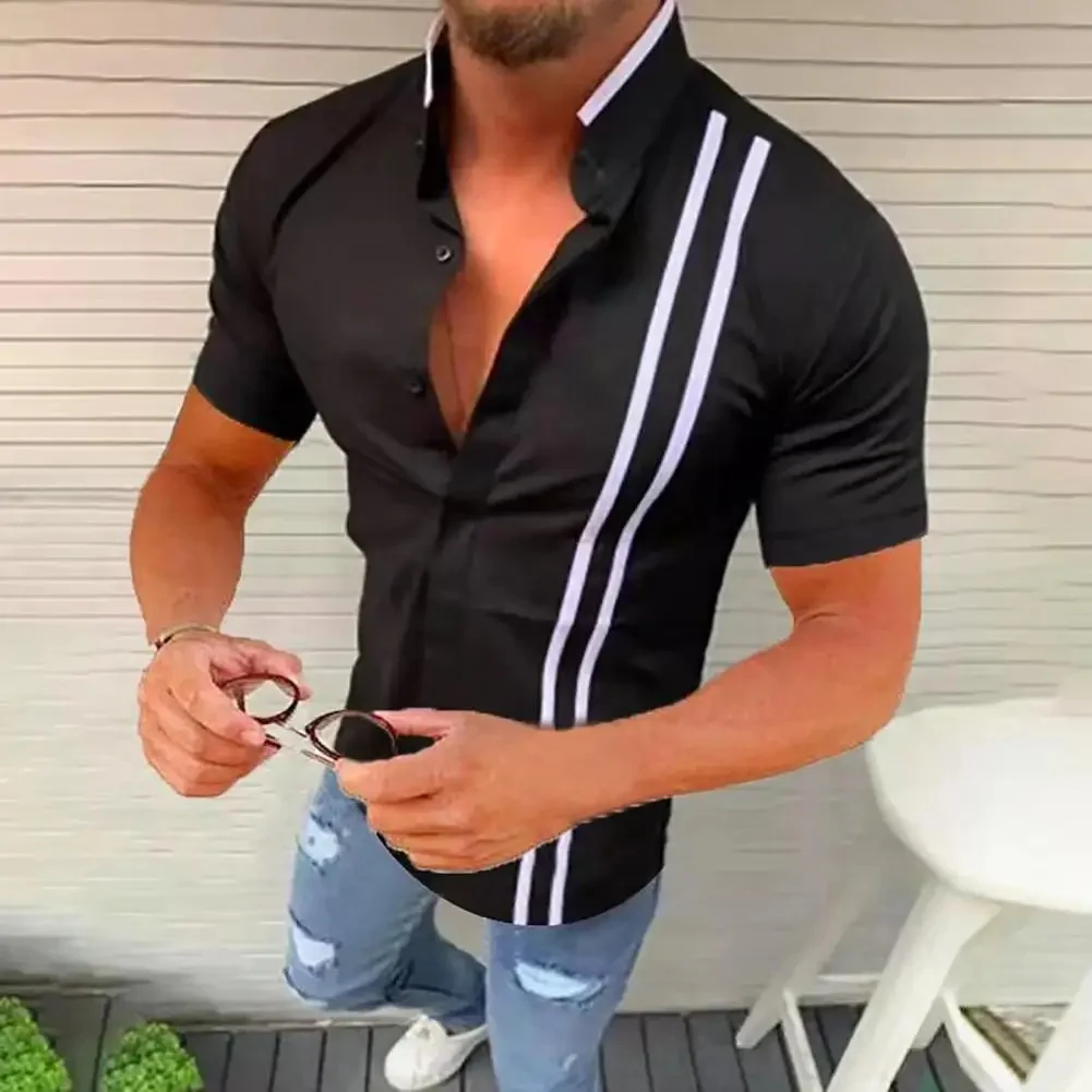 

Personalized Minimalist Shirt With Striped Print Men's Stand Up Collar Short Sleeved Shirt Stylish Commuting Outfit MB1