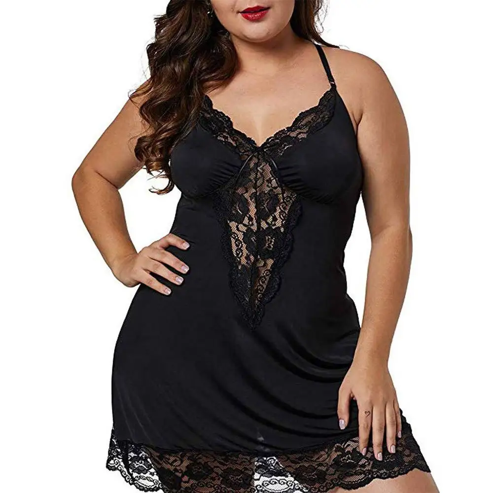 Plus Size Women Sleep Dress Elegant Sleeveless Sling Lace Nightgown Deep-V Nightdress Female Sexy Lingerie Sleepwear