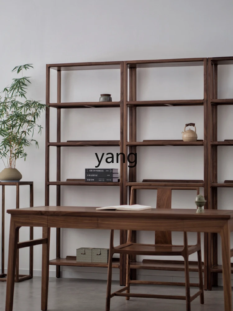 LH ，New Chinese Simple Bookshelf Black Walnut Solid Wood Multi-layer Floor Shelf