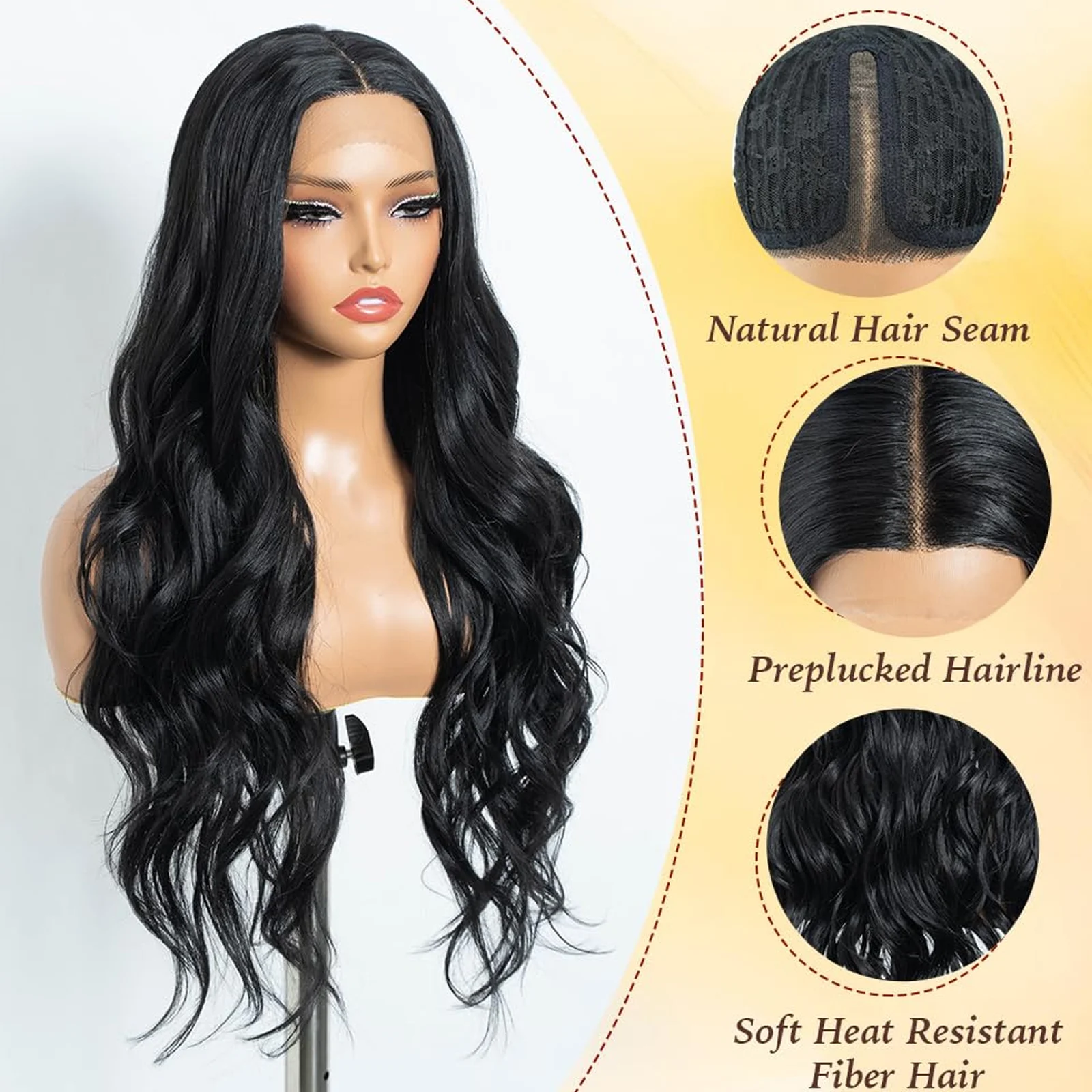 Long Wavy Synthetic Hair Lace Front Wigs for Women Black Colored Natural Wave Heat Resistant Fiber Lace Frontal Wigs Daily Use