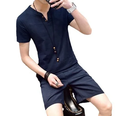 Men\'s Sets Short Sleeve Suit and Shorts Summer Cotton Linen Solid Color T-shirt Two-piece Set for Men