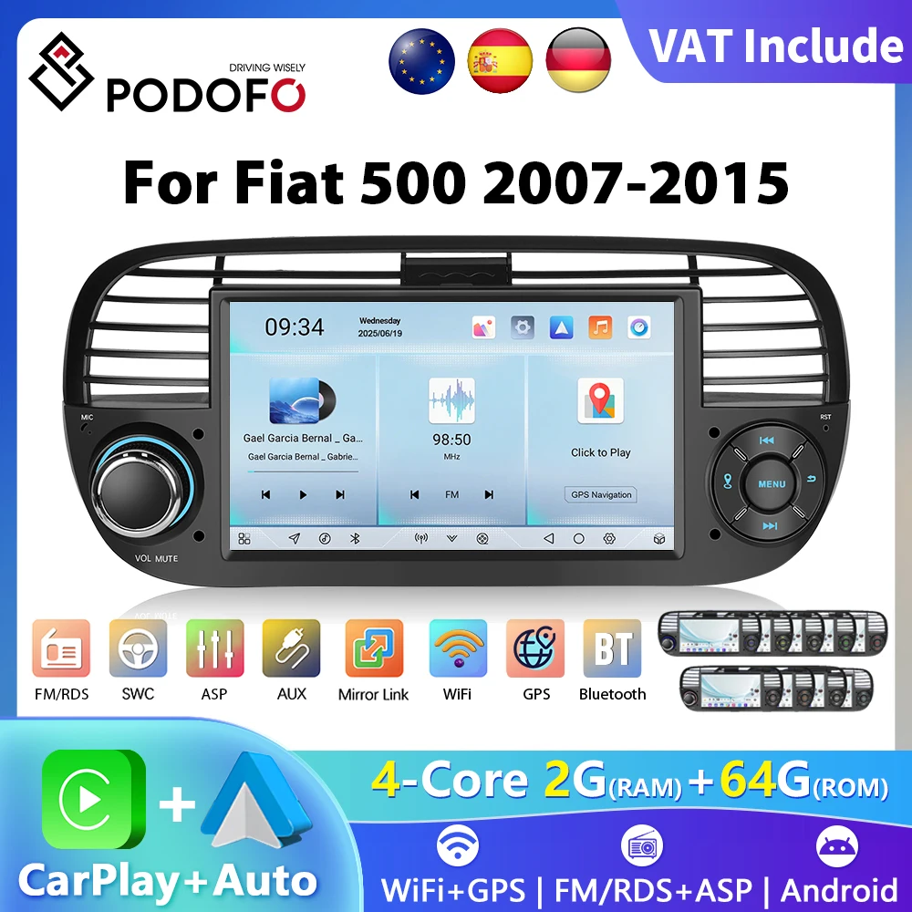 Podofo 7 "autoradio sans fil CarPlay Android Radio pour Fiat 500 2007-2015 multimédia GPS Bluetooth WIFI voiture systèmes intelligents