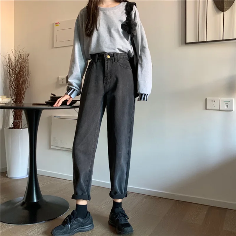 Spring/summer 2023 Female Fashion Solid Pants 9-point Women Straight Jeans Korean Style High Waist Slim Loose Joker Torre Pants