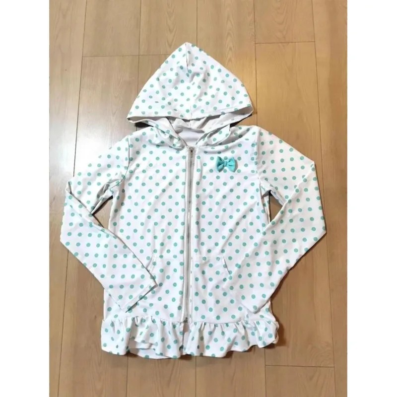 European and American sweet girl white background green polka dot bow fashion style clean new women's y2k hooded sweatshirt