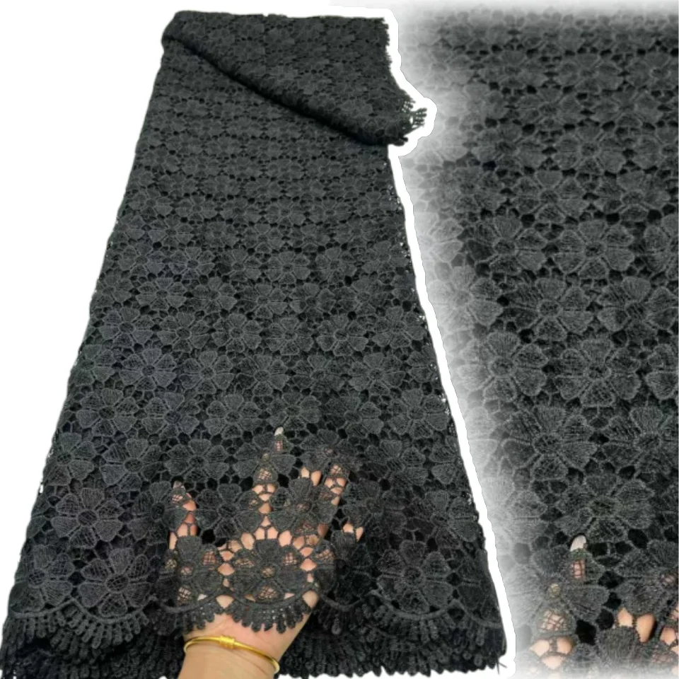 

African Black Milk Silk Fabric Water Soluble Lace 2025 High Quality Nigerian Guipure Cord Lace for Sewing Wedding Dress TP1748