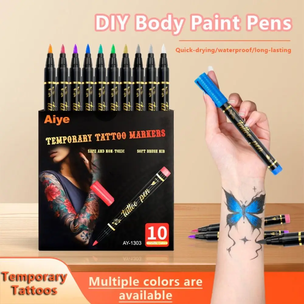 

Professional Metallic Temporary Tattoo Pen Soft Head Washable Tattoo Marker Pen 10 Colors DIY Tattoo Pen Painting Supplies