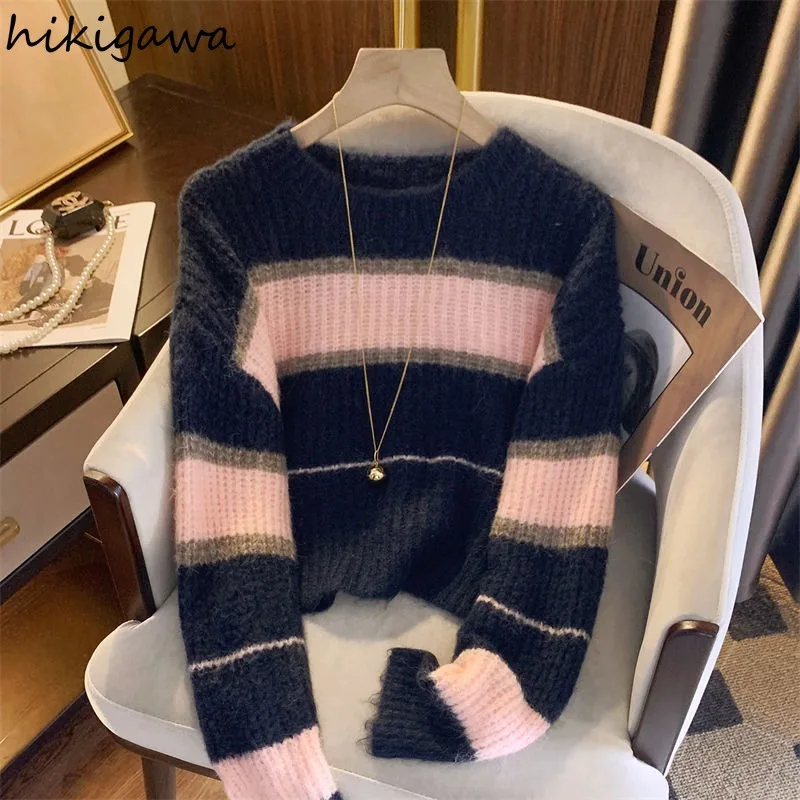 

Sueter Mujer Knitted Pullovers Women Autumn Winter Clothing Pull Femme Fashion Striped O-neck Casual Knitwear Y2k Sweater Tops