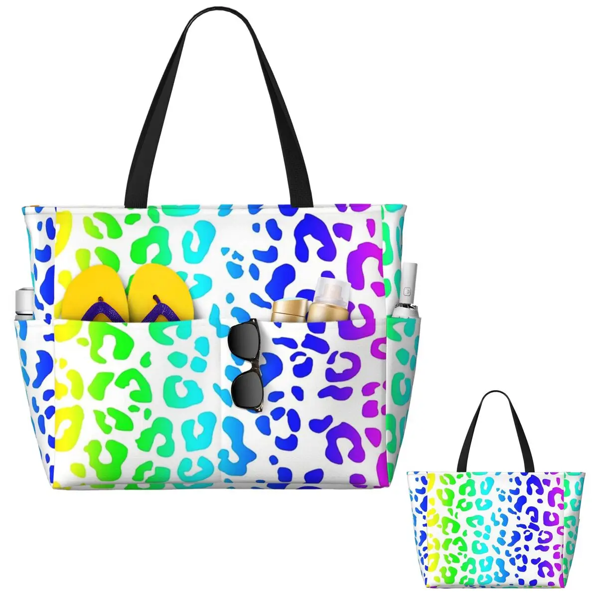 Tas Tote Pantai Motif Macan Tutul Pelangi dan Bintik Putih Tas Tote Besar untuk Olahraga Gym Yoga Tas Travel Wanita Tas Kebugaran