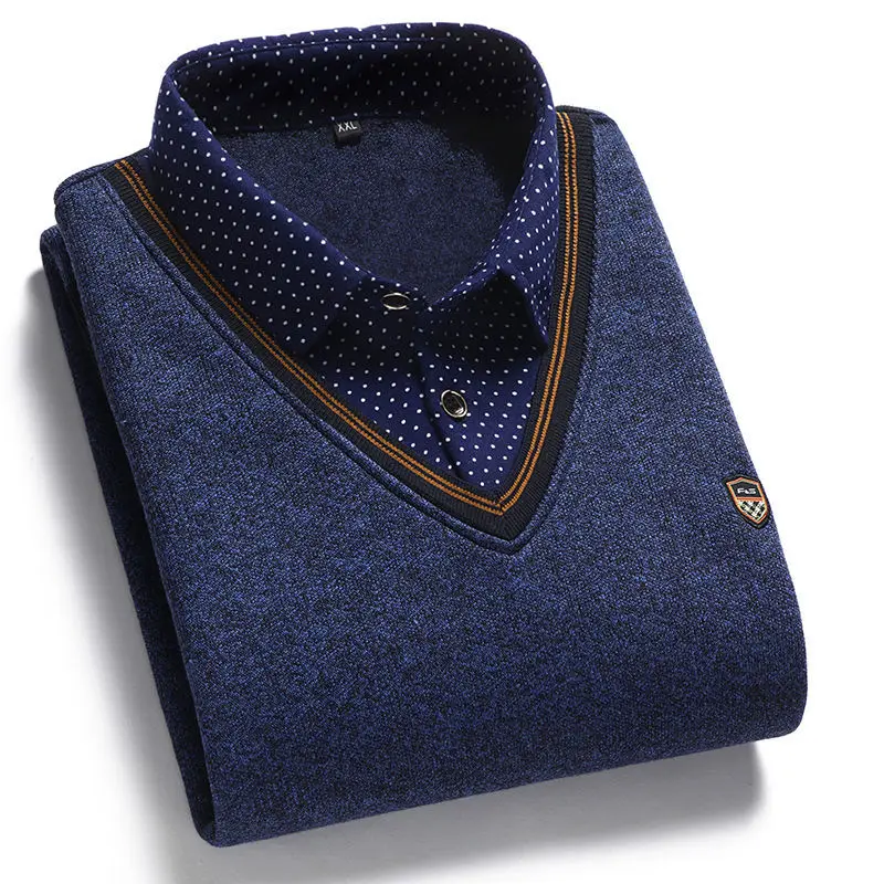 SHiONFA Herbst Winter Herren Langarm Pullover Shirts Gefälschte Zwei Stücke Pullover Fleece Dickes Hemd Gestrickte Casual Kleidung 4XL – Detail 10