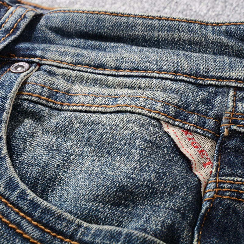 Fashion Designer Men Jeans Retro Washed Blue Elastic Stretch Slim Ripped Jeans Men Casual Trousers Vintage Denim Pants Hombre