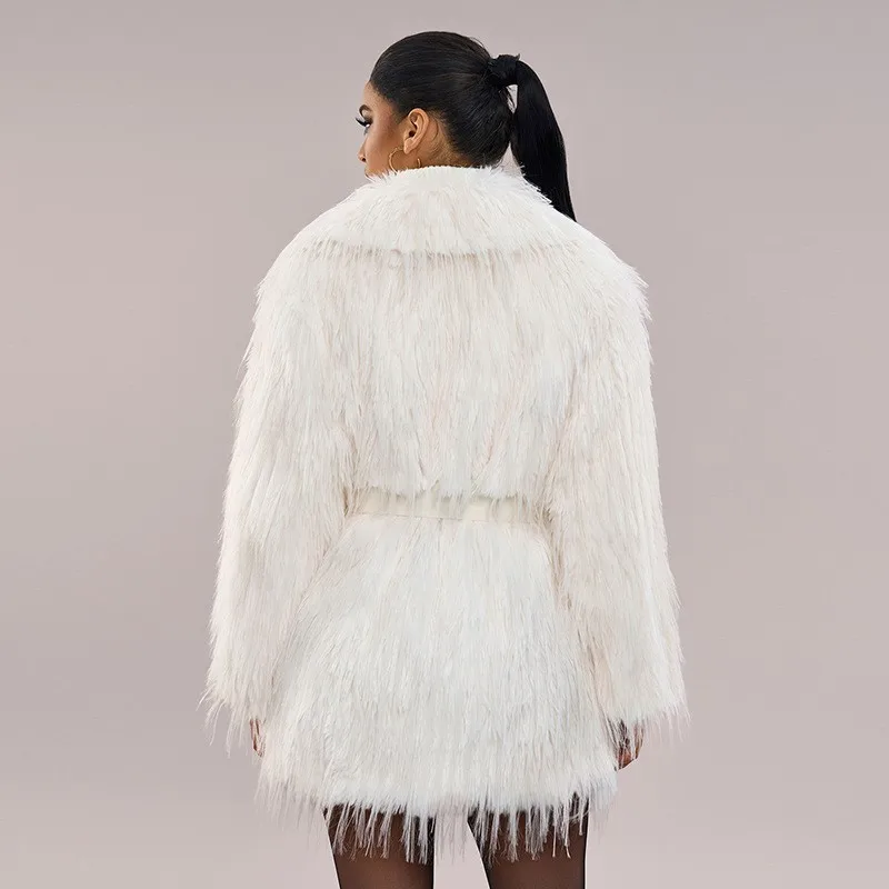 2025 Otoño Invierno piel esponjosa chaqueta larga de Color sólido prendas de vestir exteriores Retro piel sintética de zorro Tops espesar cálido chaquetas con cinturón largo abrigos