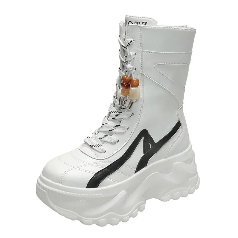 New Women 8CM Chunky Mid-Calf Boots 2025 Autumn Winter Beading Lace-up Zip Shoes High Platform Motorcycle Boots Leather Sneakers