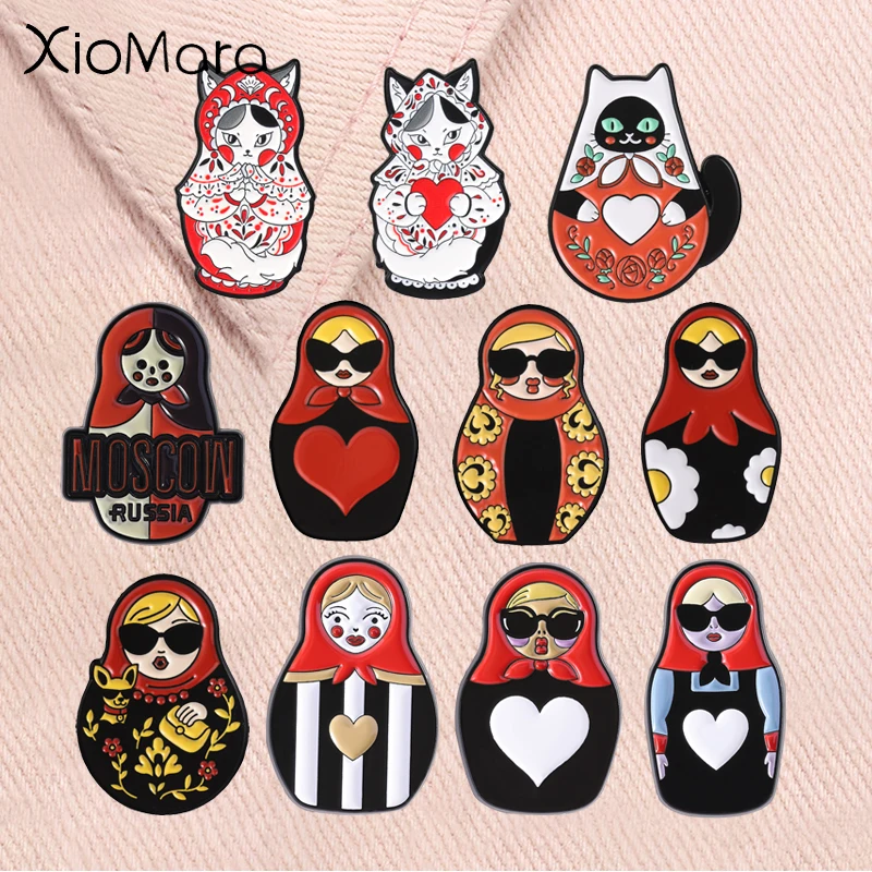 Cartoon Russian Matryoshka Cat Enamel Pins Folk Culture Nesting Doll Cat Brooches Traditional Retro Badge Jewelry Gifts