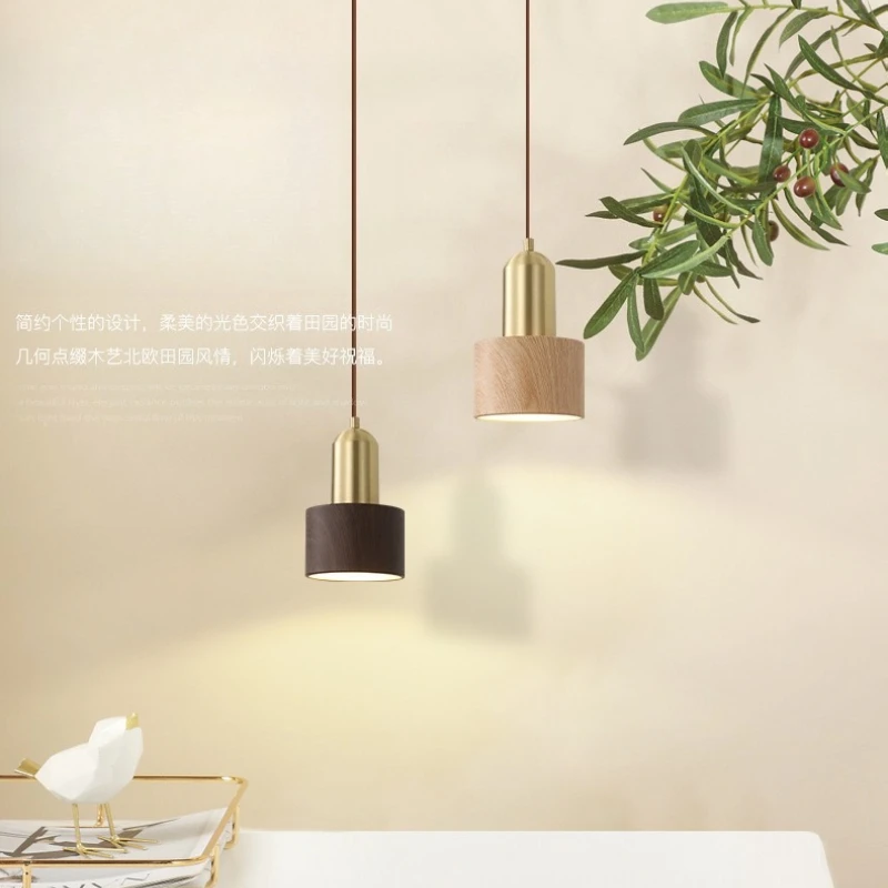 Light Luxury New Creative Retro Full Copper Walnut Solid Wood Long Cord Mini Pendant Light, Ideal for Study & Bedroom Bedside