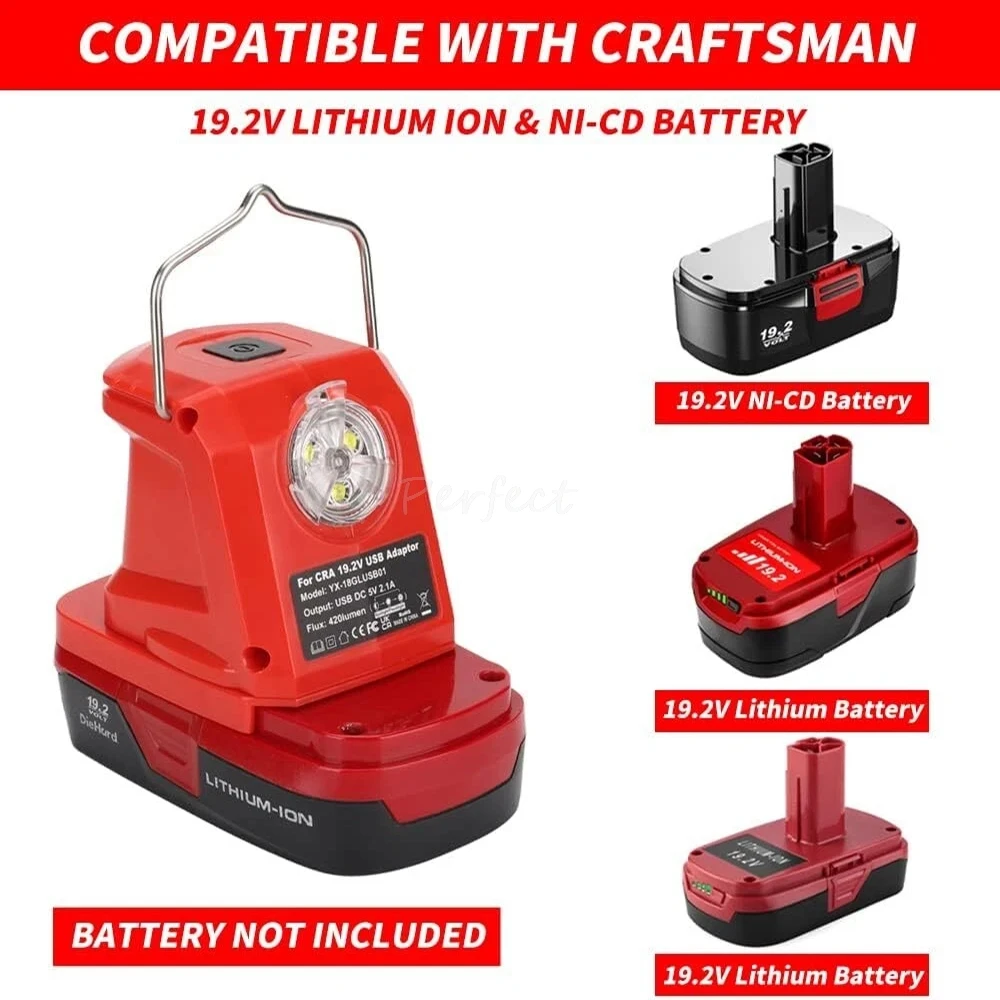 

Battery Adapter Charger for Craftsman 19.2V Li-ion Ni-CD Battery with 420LM LED Lantern Light Power Source Tools 2 USB Ports