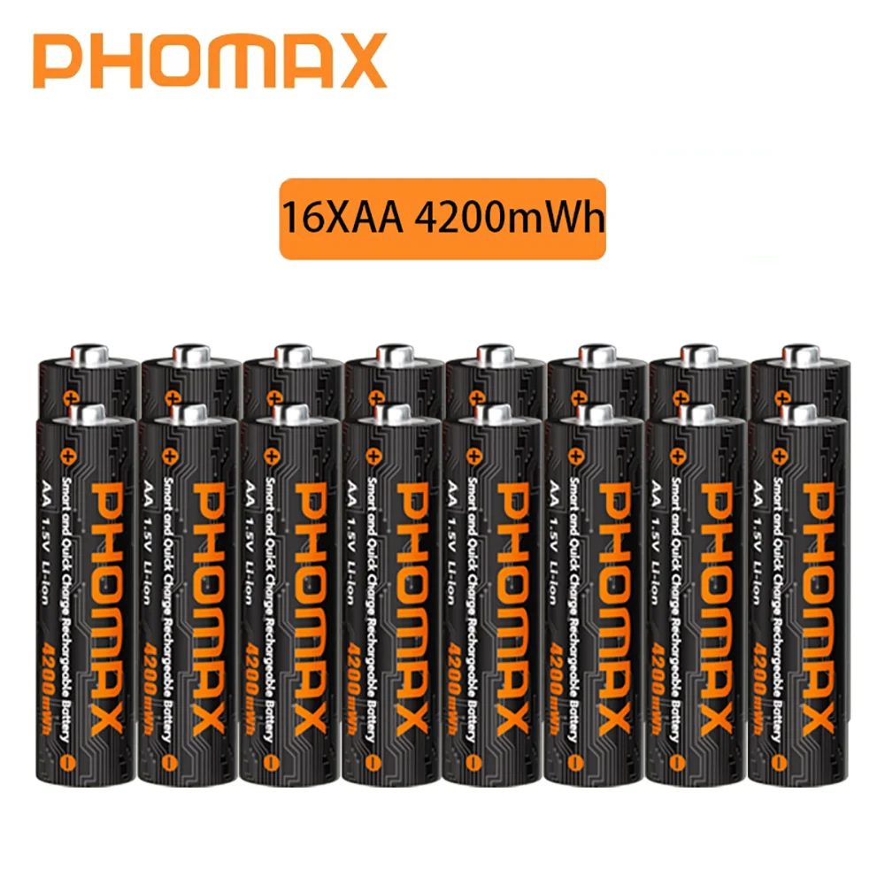 PHOMAX 2-32PC Oplaadbare lithiumbatterij 12-slots slimme snellader 1,5 V AA 4200 mWh batterijen voor koplamp speelgoedauto multimeter