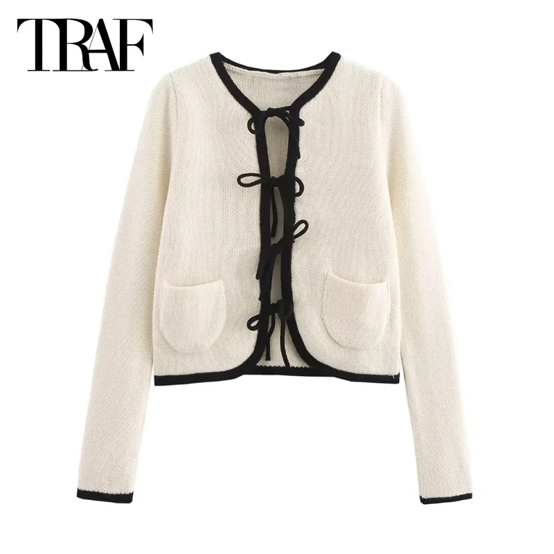 TRAF Women\'s Cropped Sweater Top 2024 Autumn Butterfly Lace-Up Knitted Top Ladies Fashion Elegant Long Sleeve Short Knitwear