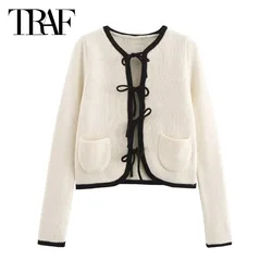 TRAF Women's Cropped Sweater Top 2024 Autumn Butterfly Lace-Up Knitted Top Ladies Fashion Elegant Long Sleeve Short Knitwear