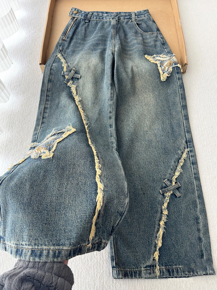 Pantalones vaqueros de mezclilla con cremallera lateral y bordado de cintura alta para mujer, pantalones de pierna ancha hasta el suelo de calle americana para primavera y otoño