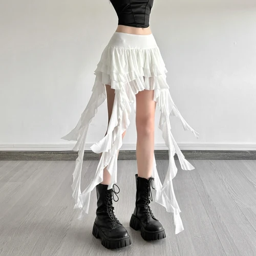 Imagen 2 del producto SylCue-minifaldas elegantes fruncidas para mujer, estilo dulce Y2K, cintura elástica, volantes, borlas, moda urbana, trajes clásicos sólidos