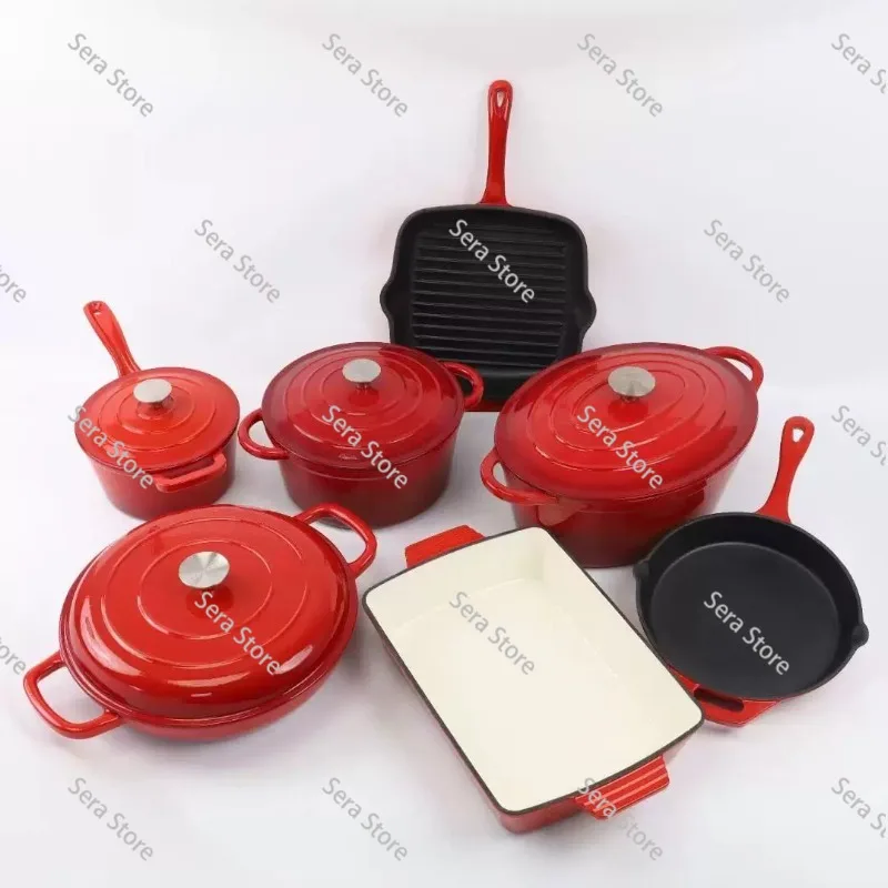 7-Piece Cast Iron Enamel Dutch Oven Set Kitchen Casserole Soup Stock Pots Pans Cookware
