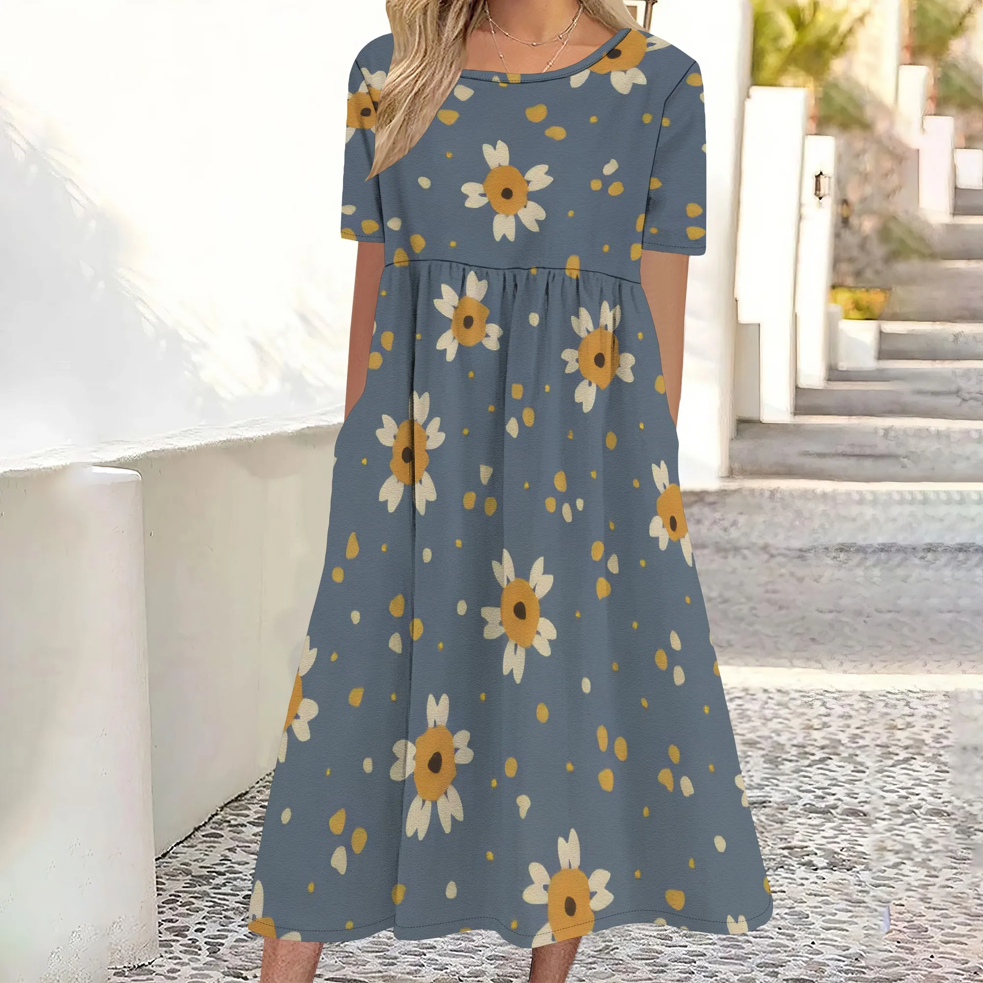 Womens Boho 미디 드레스 반소매 에스닉 프린트 드레스 크루넥 Dressy 캐주얼 여름 루즈핏 드레스(포켓 포함)