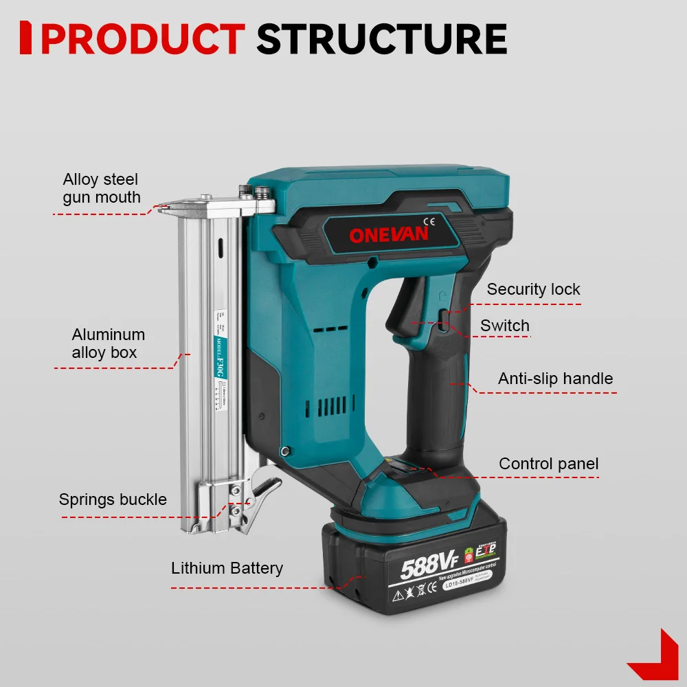 ONEVAN-Pistola de pregos elétrica para Makita, F30G, Pistola de pregos, Nailer, Grampeador, Moldura, Tacker, Móveis, Grampo, Ferramenta de