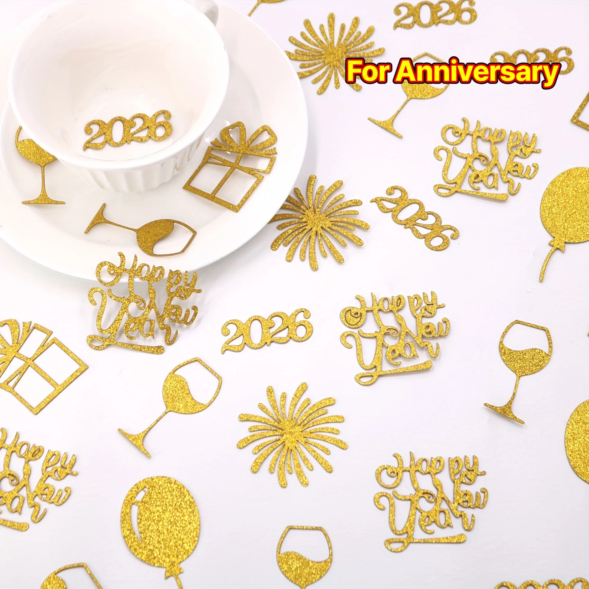 100 Stück Glitzer Golden Silvery 2026 Frohes Neues Jahr Feuerwerk Luftballons Weingläser Geschenk Tischdekoration Konfetti, Neujahr