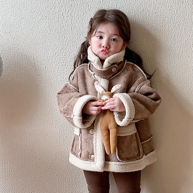 Girls Coat Fur One Autumn Winter 2024 New Children Thickened Baby Girls Winter Coat Cashmere Warm Coat Korean Simple Style