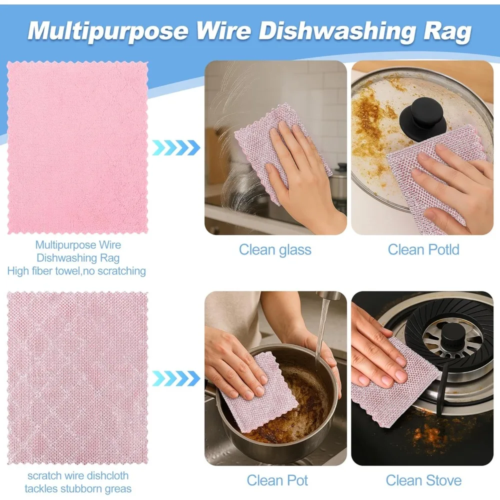 عرض ساخن - 12 قطعة من خرقة غسيل الأطباق متعددة الأغراض مقاس 9.64 × 9.64 في قماش أطباق سلكي غير سكارتش للفولاذ المقاوم للصدأ باللون الوردي الرطب والجاف #3