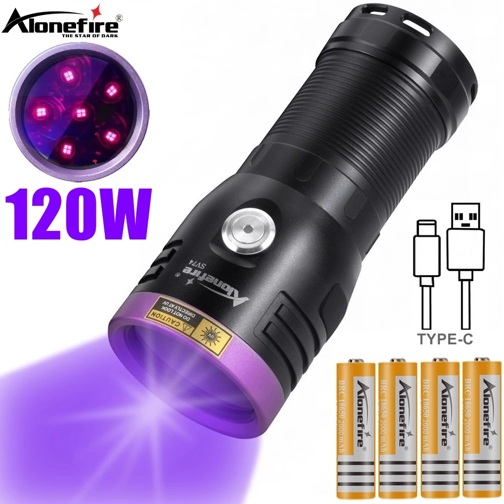 120W 6x Led 365nm High power UV Flashlight USB Charging Black light Curing Money Ore Scorpion Pet Stains Cat Tinea Marker Torch