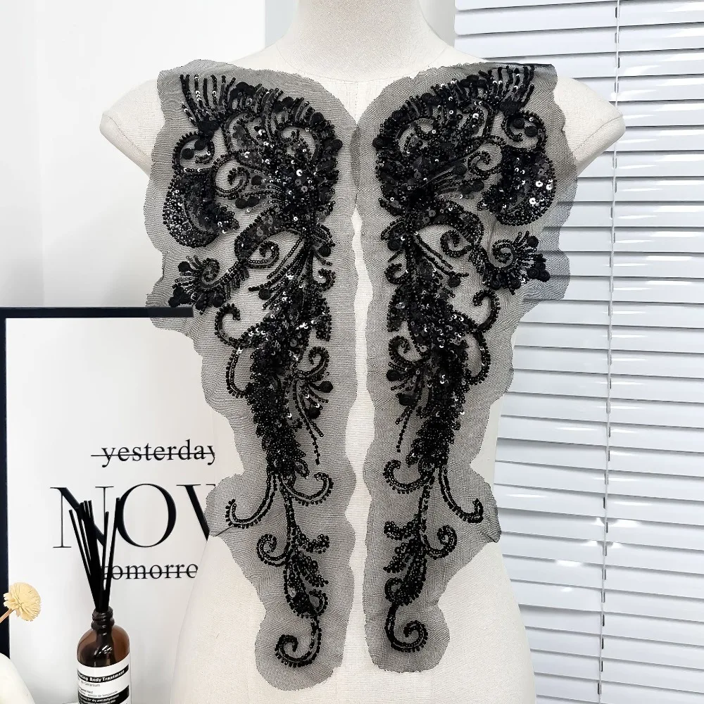 

1Pair Beaded Sequined Lace Embroidery Cloth Sticker Wedding Dress Clothing DIY Handmade Flower Patch Sewing Applique Flower