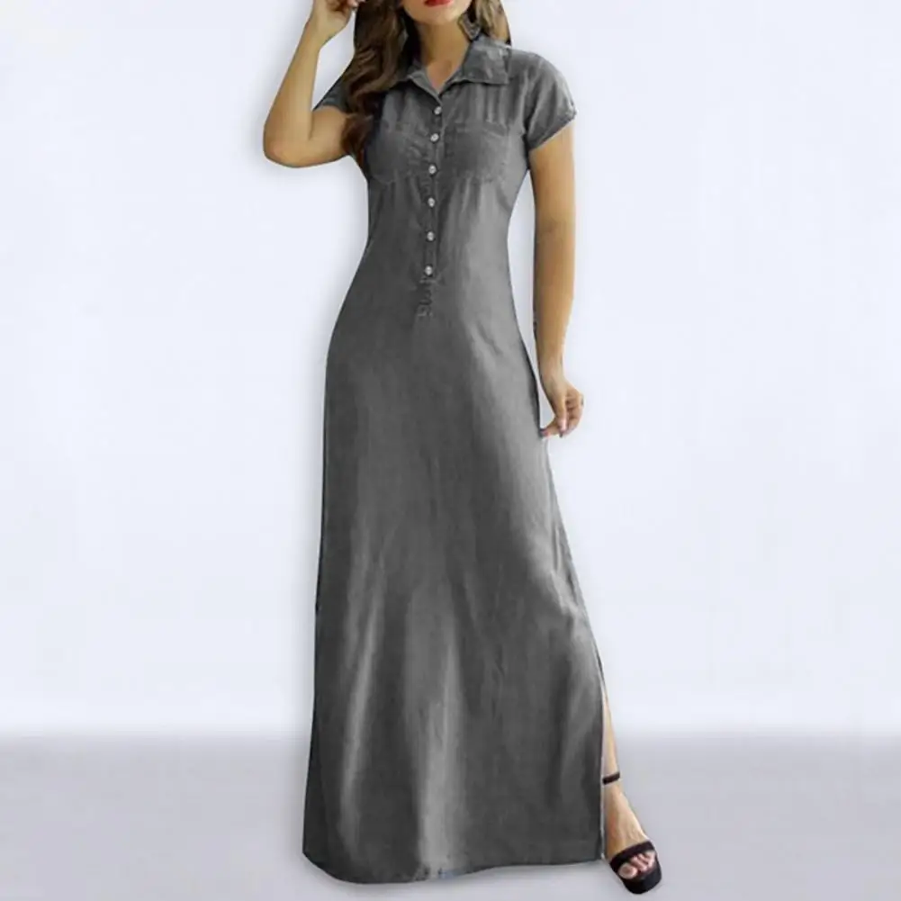 

Down Collar Solid Denim Shirt Dress Lady Summer Single Breasted Side Slit Mom Long Dress Woman Casualwear Maxi Jeans Dress