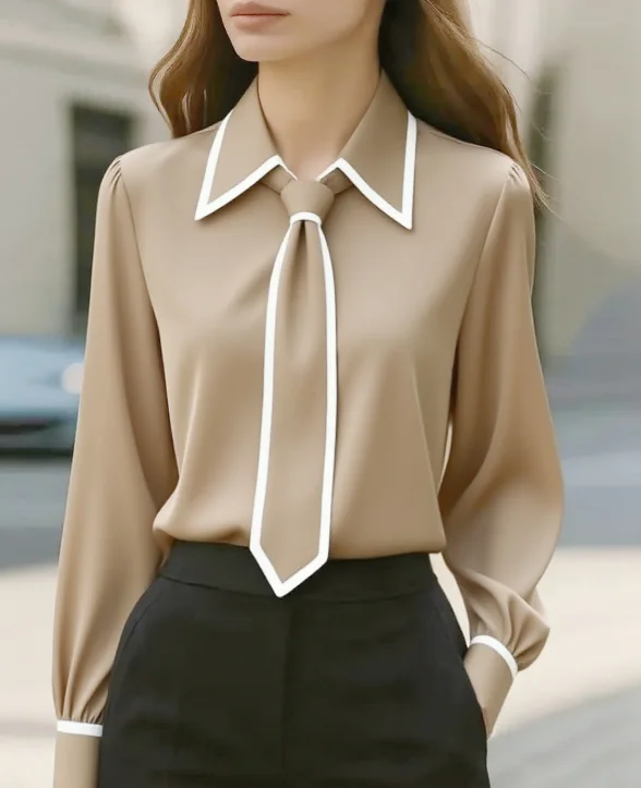 

Fashion Commuting Shirt For Women Autumn New Temperament Lapel Solid Color Tie Long Sleeve Office Lady Shirt Elegant Casual Top