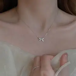 Korean Style Shiny Rhinestone Bow Pendent Necklace Exquisite Silver Color Clavicle Chain for Women Girl Fashion Jewelry