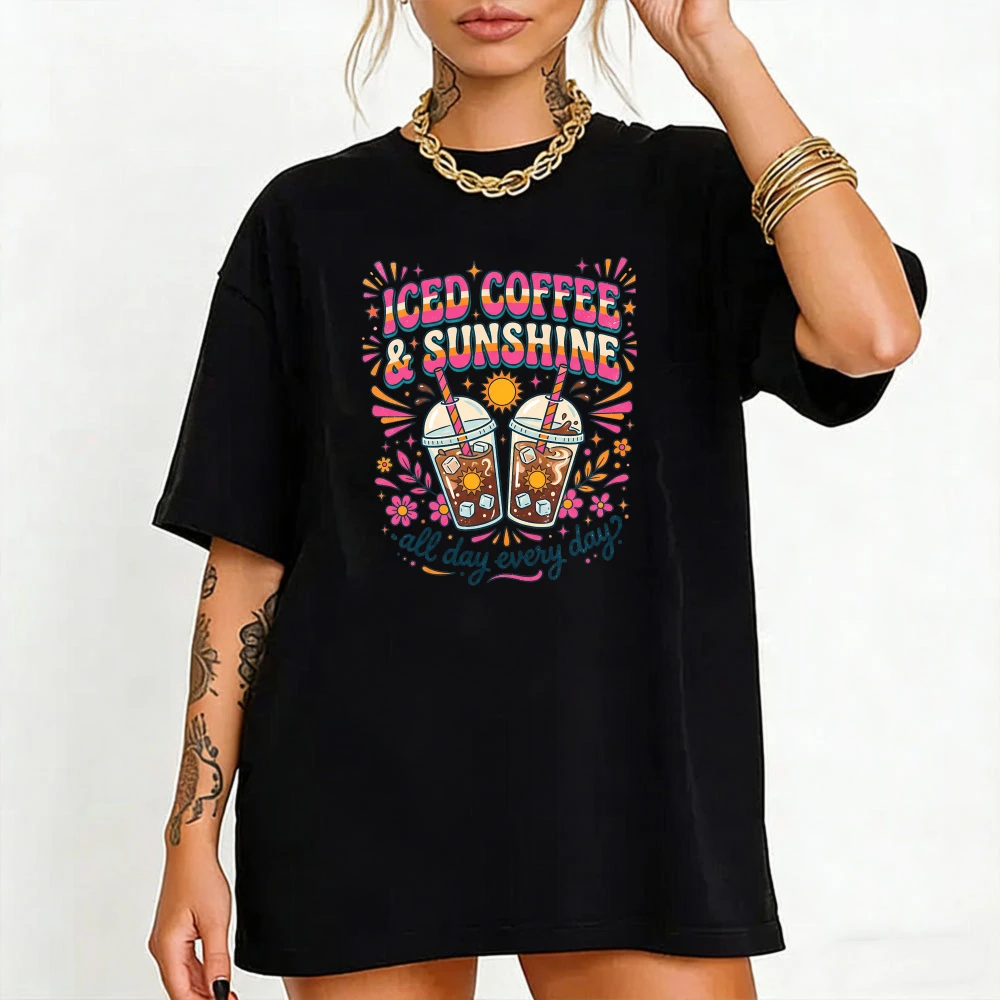 Summer Iced Coffee Unisex Tee Fashion Cotton Tshirt Iced Coffee & Sunshine Drink Graphic Tops Beach Vacation Casual Apparel