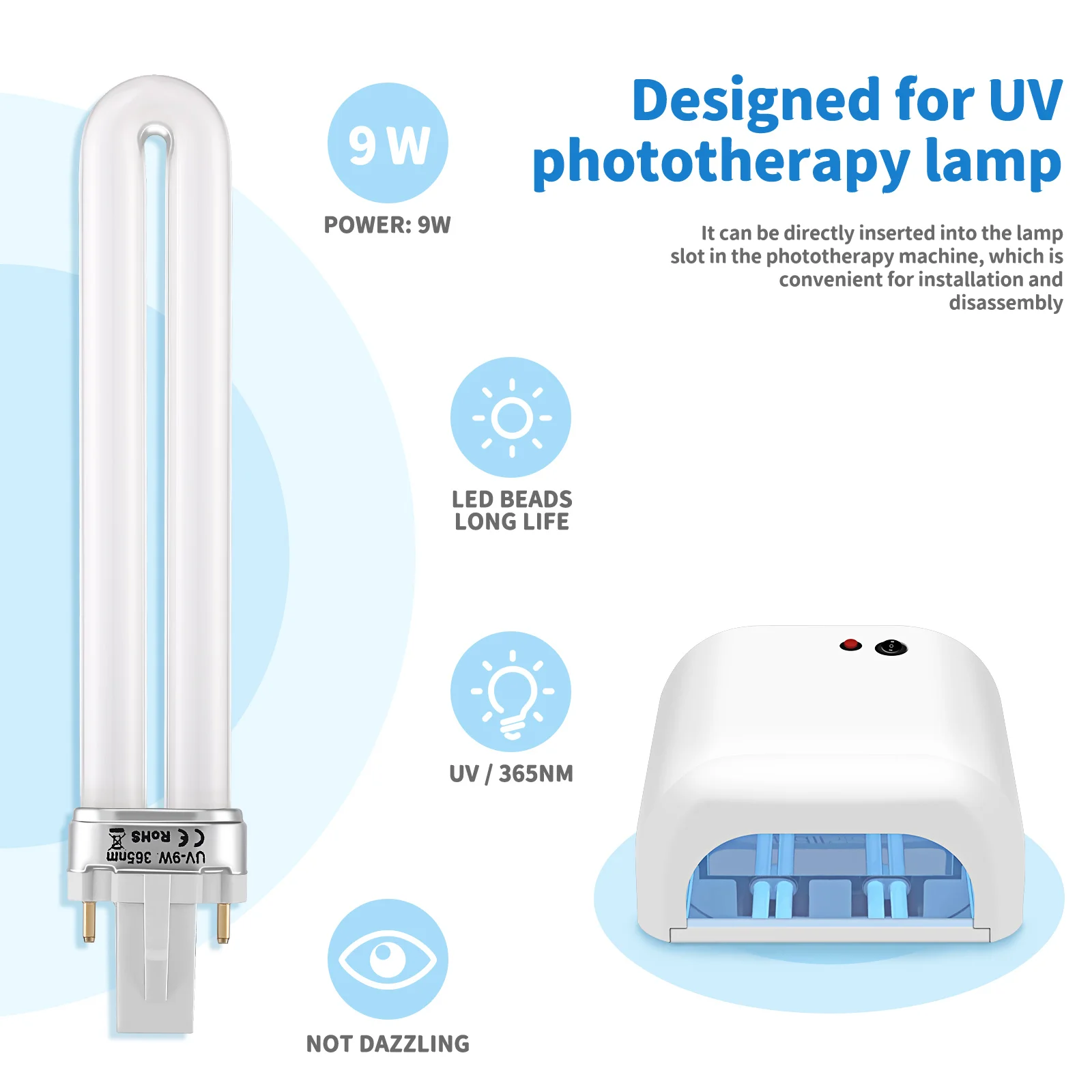 4 Uds 9w en forma de U 365nm lámpara UV para uñas bombillas de tubo para uñas bombilla secadora ultravioleta