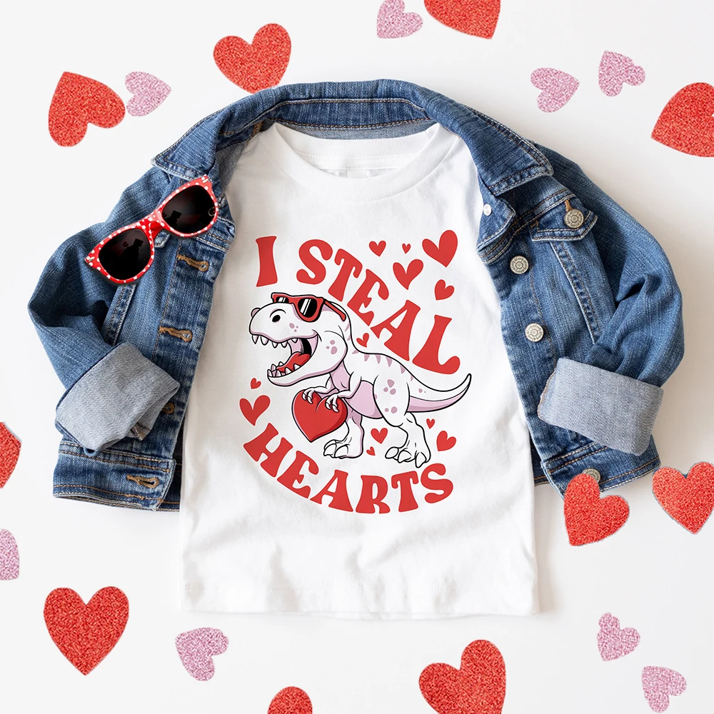 I Steal Heart Dinosaur Printed Kids Shirt Valentine's Day Child Outfit T-shirt Boys Girls Short Sleeve Tee Children Holiday Tops