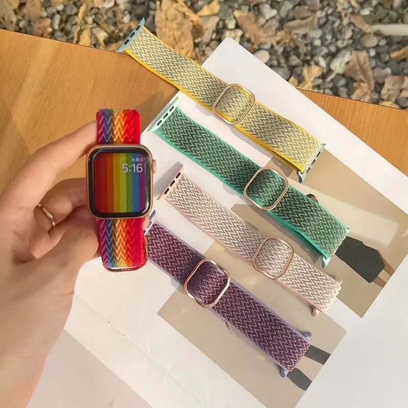 Bohemian Nylon Strap for Apple Watch ultra 2 49mm 41mm 45mm 38/40/44mm Elastic Shiny Bracelet iWatch Series 9/8/7 6 5 4 Se Band image 5